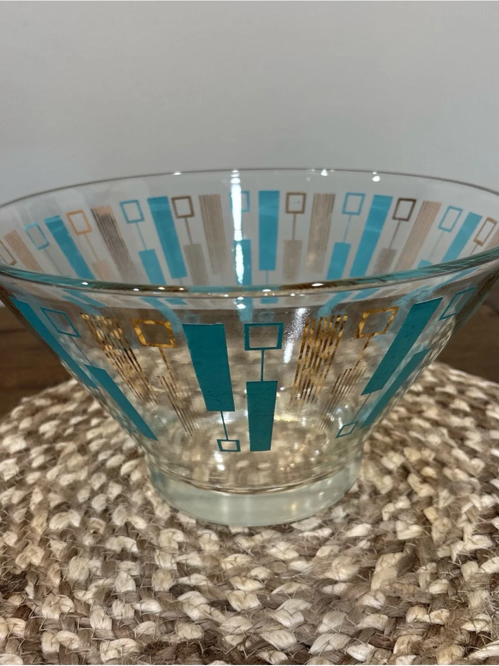 Anchor Hocking Mid-Century Modern Turquoise & Gold Glass Bowl